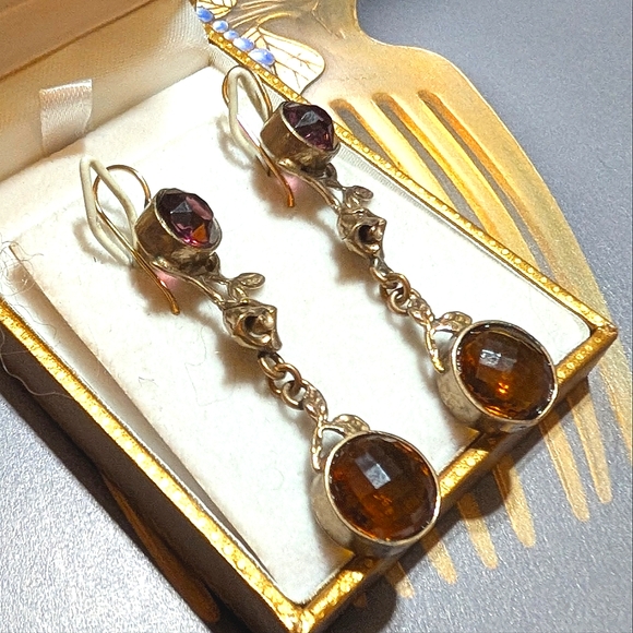 Art Nouveau Long Bronze Paste Stone Earrings - Picture 3 of 6